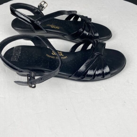 SAS Sandals Womens 6 Strippy Casual Open Toe Slingback Wedge Black Leather - Picture 8 of 13